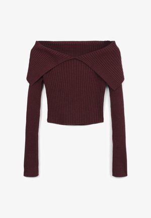 Top a maniche lunghe in maglia a coste di color bordeaux, scollato sulle spalle con orlo corto, dotato di un ampio collare sovrapposto.