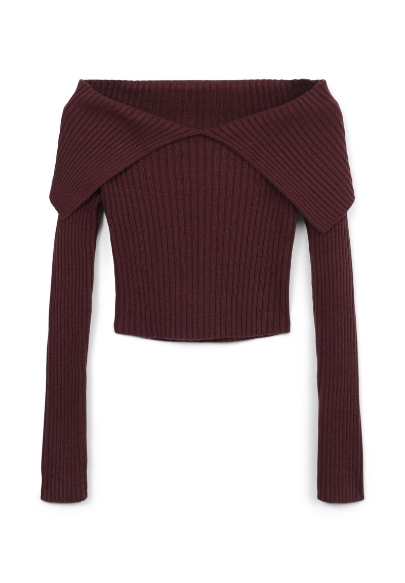 Top a maniche lunghe in maglia a coste di color bordeaux, scollato sulle spalle con orlo corto, dotato di un ampio collare sovrapposto.