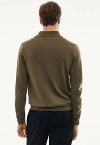 Olive green sweater with a polo collar, long sleeves, and ribbed cuffs. Smooth texture and fitted design, seen from the back.