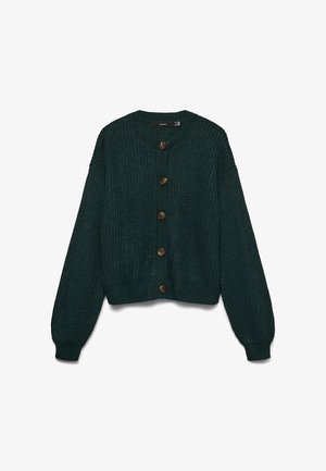 Dark green knitted cardigan with a round neckline, featuring six large brown buttons and ribbed cuffs and hem.