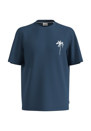 Marineblauwe katoenen T-shirt met korte mouwen en een ronde halslijn, met een witte palmboomontwerp op het linkerverhoogte.