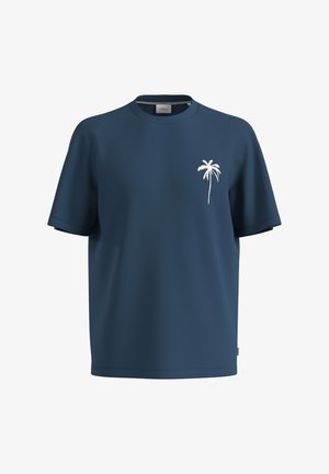 T-shirt en coton bleu marine à manches courtes et col rond, avec un motif de palmier blanc sur le côté gauche de la poitrine.