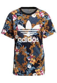 Short-sleeve t-shirt featuring a colorful floral and ornate pattern on a dark background, with a large white Adidas logo across the front.