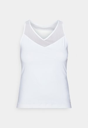 Camisola branca de alças feita de um tecido suave, com um decote em V e detalhes de rede translúcida nos ombros. Design simples e ajustado.