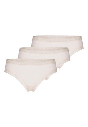 Three beige women's hipster panties with lace trim on waist and leg openings, arranged overlapping on a white background.