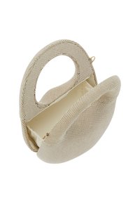Beige tekstureret håndtaske med en rund form, der har et lille håndtag og en åben top. Indvendigt er den foret med et glat stof.