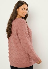 Maglione rosa con texture, caratterizzato da un motivo a zigzag, maniche lunghe e un orlo a coste, realizzato in morbido materiale peloso.