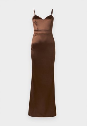 Pruun satiinist maksikleit, millel on istuv kehaosa, V-dekoltee ja õhukesed rihmad. Seelikutel on sirge siluett, mille serv ulatub põrandani.