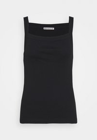 Black ribbed tank top with square neckline and wide straps. Material appears smooth and stretchy, suitable for layering or casual wear.