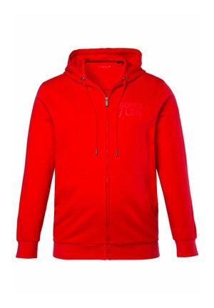 Rød herre-hættetrøje med lynlås, forlommer, snoretræk og diskret "SOHO/LDN" tekst på venstre bryst.