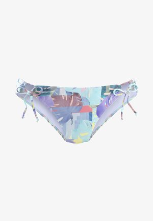Slip bikini in un motivo tropicale, multicolore con blu, viola e rosa; chiusure laterali con lacci e piccoli anelli decorativi sui bordi.