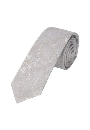 Light gray tie with a paisley pattern in subtle white and silver tones, made of textured fabric, featuring a pointed end and rolled design.