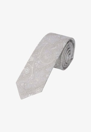 Light gray tie with a paisley pattern in subtle white and silver tones, made of textured fabric, featuring a pointed end and rolled design.