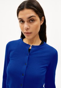 Königsblauer Cardigan aus weichem Material, mit rundem Halsausschnitt und sechs schwarzen Knöpfen auf der Vorderseite. Glatte Textur und taillierte Form.