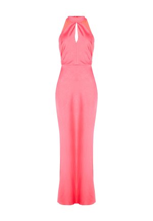 Robe sans manches rose avec un décolleté en trou de serrure et une silhouette ajustée, s'étendant jusqu'à un ourlet au sol. Tissu lisse avec un éclat subtil.