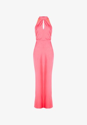 Abito senza maniche di colore rosa con scollo a chiave e silhouette aderente, che si estende fino all'orlo a pavimento. Tessuto liscio con un leggero lucido.