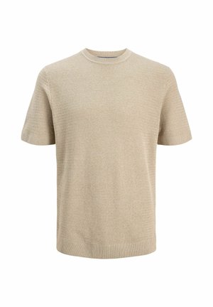 Pull en tricot beige à manches courtes avec col rond et poignets et ourlet côtelés, présenté sur un fond blanc.
