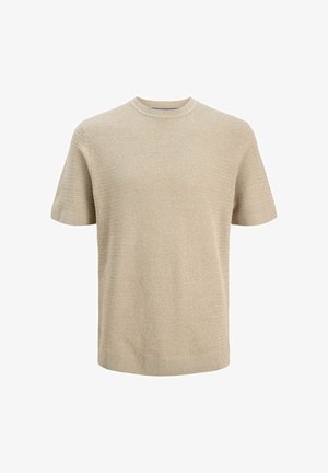 Beiger Strickpullover mit kurzen Ärmeln, Rundhalsausschnitt sowie gerippten Bündchen und Saum, präsentiert vor weißem Hintergrund.