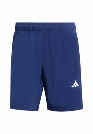Blauwe sportshorts gemaakt van lichtgewicht stof. Voorzien van een elastische tailleband, zijzakken en een witte logoakkoord op het linkerbeen.
