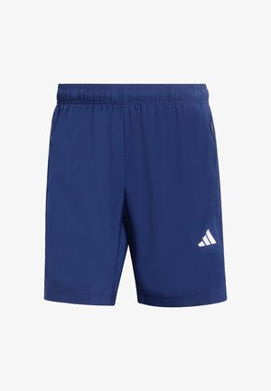 Blue athletic shorts made of lightweight fabric. Features an elastic waistband, side pockets, and a white logo accent on the left leg.