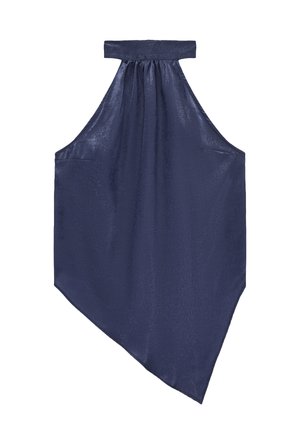 Granatowy satynowy top na szyję z wysokim dekoltem, marszczonym przodem i asymetrycznym, spiczastym dołem.