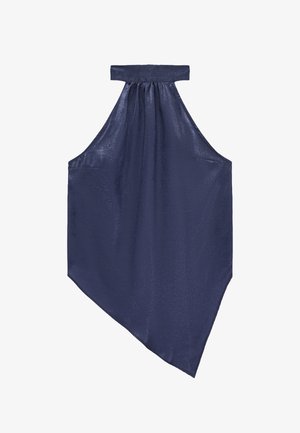 Marineblå satin haltertop med høj hals, rynket front og asymmetrisk spids kant.