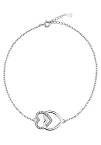 Bracciale d'argento con forme di cuore intrecciate; un cuore è contornato e l'altro è incastonato con strass trasparenti per un maggiore dettaglio.