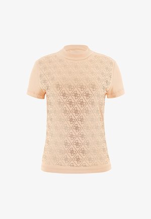 Persikan värinen lyhythihainen paita, jossa on korkea kaulus, ja jossa on timanttimainen kuvio leikkaus yksityiskohdilla sekä sileä, pehmeä tekstuuri.