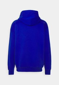 Blue hoodie with a large hood, long sleeves, and ribbed cuffs. The fabric appears soft and slightly textured.