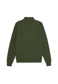 Felpa verde scuro con colletto alto, maniche lunghe e polsini a coste. Texture liscia, design semplice, senza loghi o motivi visibili.