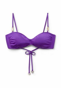 Lila bikiniöverdelen med vadderad byst, justerbara axelremmar och guldfärgad detaljer. Har en mittslits och ett slätt, elastiskt tyg.