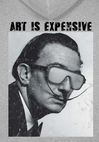 Felpa grigia con cappuccio con stampa grafica di un uomo con occhiali da sole, testo "L'ARTE È COSTOSA" e effetto usurato in bianco e nero.