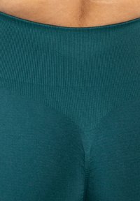 Teal aktiv Bekleidungsleggings mit einem gerippten Taillenbund und glatter Stoffoberfläche, entworfen in einer figurschmeichelnden Silhouette mit einer V-förmigen Nahtdetails.