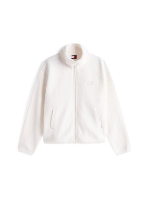 Fleece zip-up jas in gebroken wit met een hoge kraag, twee voorzakken en een subtiel logo op de borst. Zachte textuur en casual pasvorm.