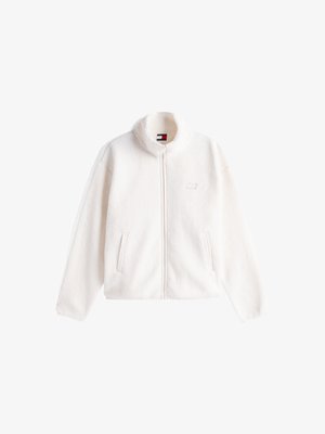 Jachetă din fleece cu fermoar, de culoare albă murdară, cu guler înalt, două buzunare frontale și un logo subtil pe piept. Textură moale și croială lejeră.