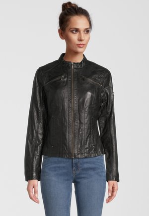 Black leather jacket with a fitted design, stand collar, and zippered pockets. Smooth texture; features a tailored silhouette and long sleeves.