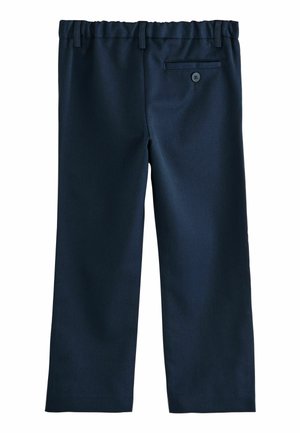 Navy blue, woven fabric trousers with an elastic waistband, straight legs, and a back pocket with a button detail.