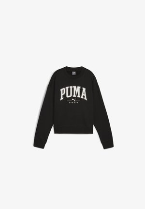 Felpa nera con maniche lunghe e orlo a coste. Presenta il logo "PUMA" in bianco bold e il testo "SPORTS" sul davanti. Tessuto morbido.