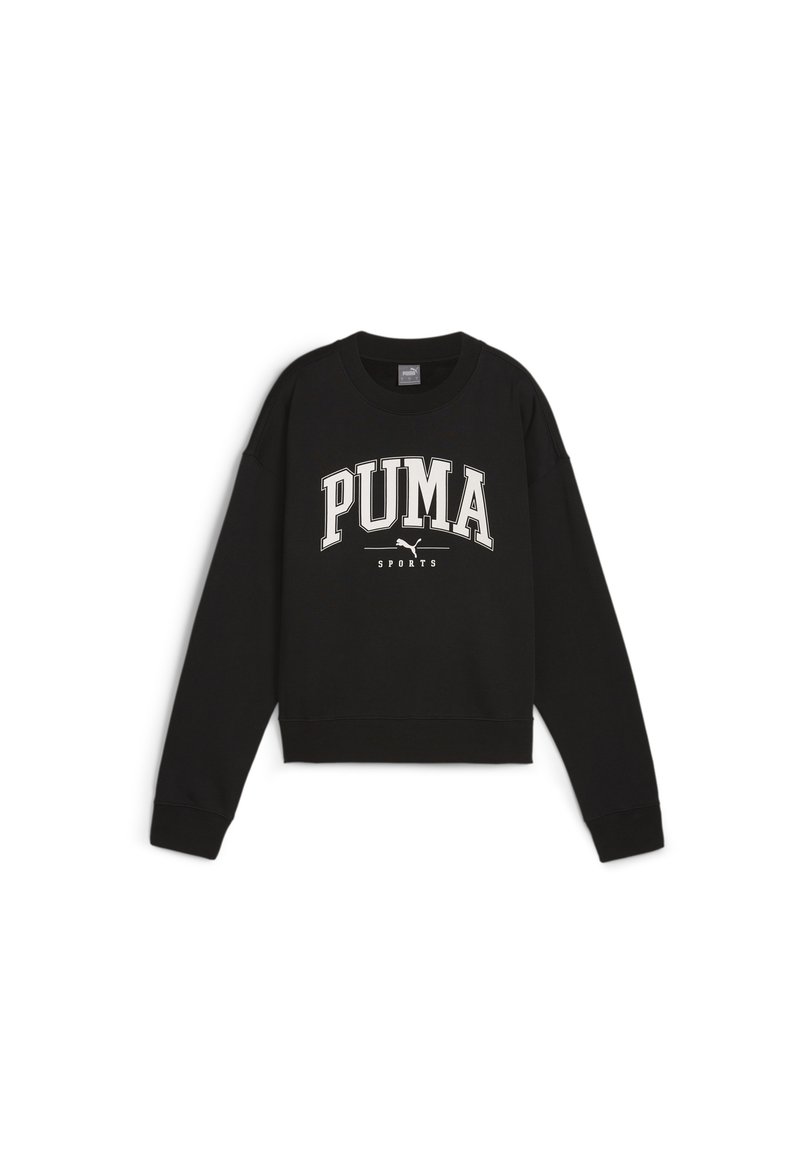 Sudadera negra de manga larga con dobladillo acanalado. Presenta un audaz logo blanco de "PUMA" y el texto "SPORTS" en la parte frontal. Textura de tela suave.