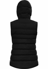Schwarze Pufferweste mit Kapuze, mit gesteppter Textur und horizontalen Nähten, ohne Ärmel für das Schichten von Kleidung.