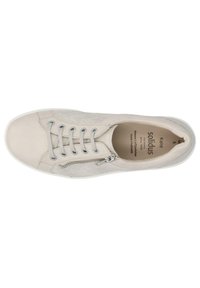 Light gray sneaker with a smooth leather toe and textured side panel. Features a lace-up front, zipper detail, and a white rubber sole.