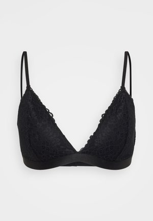 Black lace bralette with a triangular shape, adjustable straps, and a solid black band. Features scalloped edges and floral patterns.