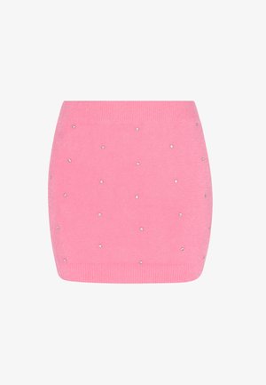 Różowa, krótka dzianinowa spódnica o miękkiej fakturze, z małymi cyrkoniami równomiernie rozmieszczonymi na powierzchni oraz prążkowanym pasem w talii.