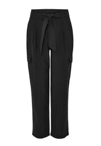 Pantalon cargo noir en tissu texturé, avec une ceinture à la taille, des jambes larges et des poches lat érales utilitaires.