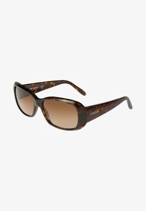 Tortoiseshell sunglasses with a rectangular frame, gradient brown lenses, and logo on the temple. Smooth plastic texture, stylish design.