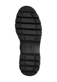Semelle de chaussure en caoutchouc noir avec une surface texturée et à motifs. Présente des rainures horizontales et un talon arrondi. Taille 37 marquée au centre.