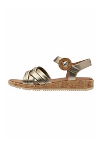 Metalliska guld sandaler med vävd cirkulär accent, korsande remmar, korkstrukturerad sula och justerbar ankelrem. Platt, halkfri design.