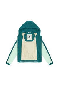 Kurtka z kapturem o turkusowym korpusie, miętowo-zielonych rękawach i beżowej podszewce, rozłożona płasko z częściowo rozpiętym zamkiem, ukazującym wewnętrzną metkę marki.
