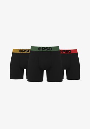 Boxer neri con elastici in vita colorati in giallo, verde e rosso, con il logo "PSD" ben visibile su ogni fascia.