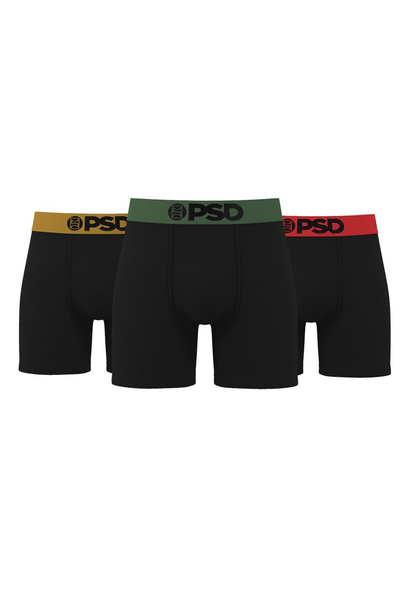 Boxer neri con elastici in vita colorati in giallo, verde e rosso, con il logo "PSD" ben visibile su ogni fascia.